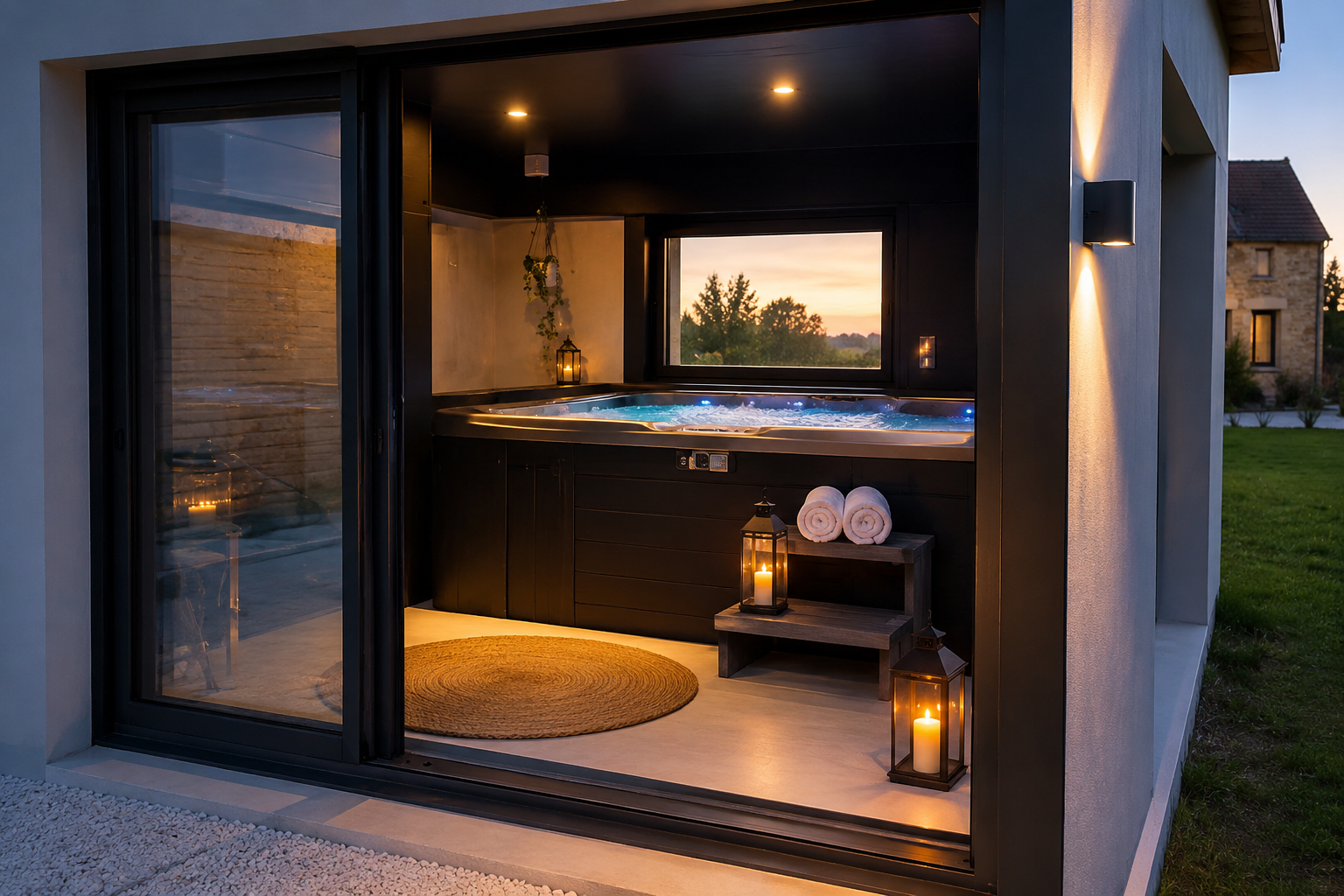 Ambiance apaisante autour du jacuzzi privatif